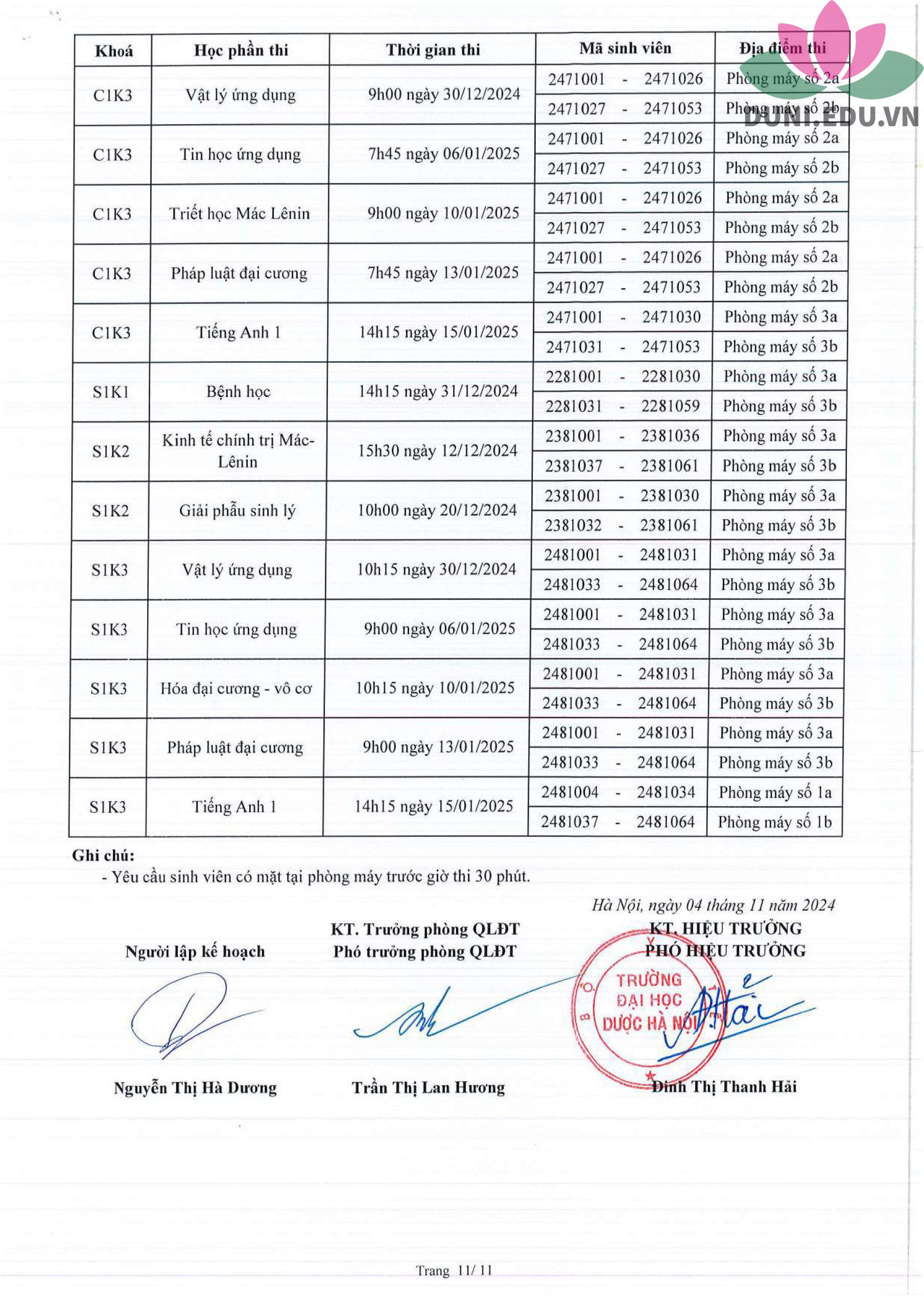 ịch thi học kỳ I năm học 2024-2025